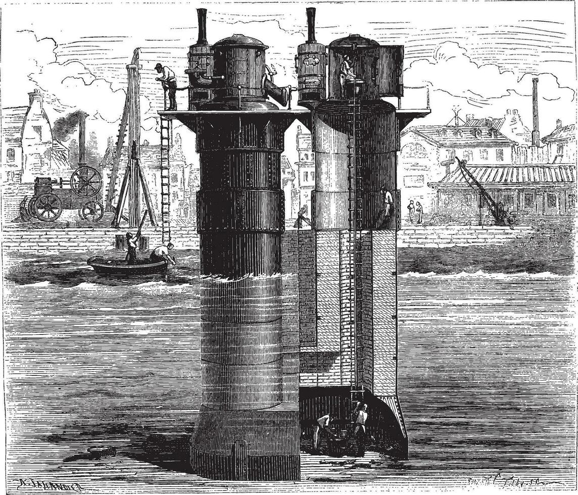 costruzione di il pilastri di tay ponte utilizzando compressa aria Scozia, Vintage ▾ incisione. vettore