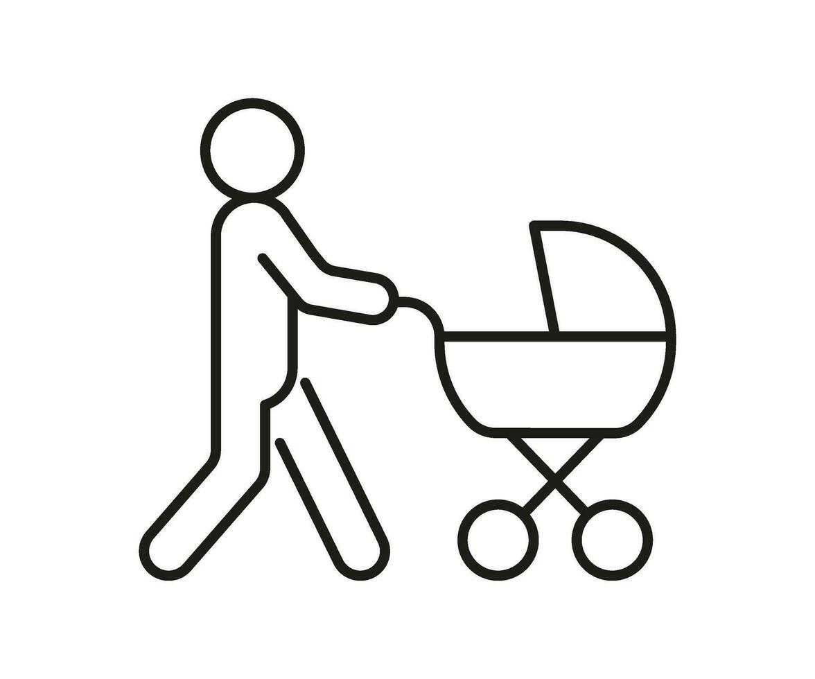 persona camminare con bambino passeggino, linea icona impostare. neonato nel carrozza. maternità. vettore illustrazione
