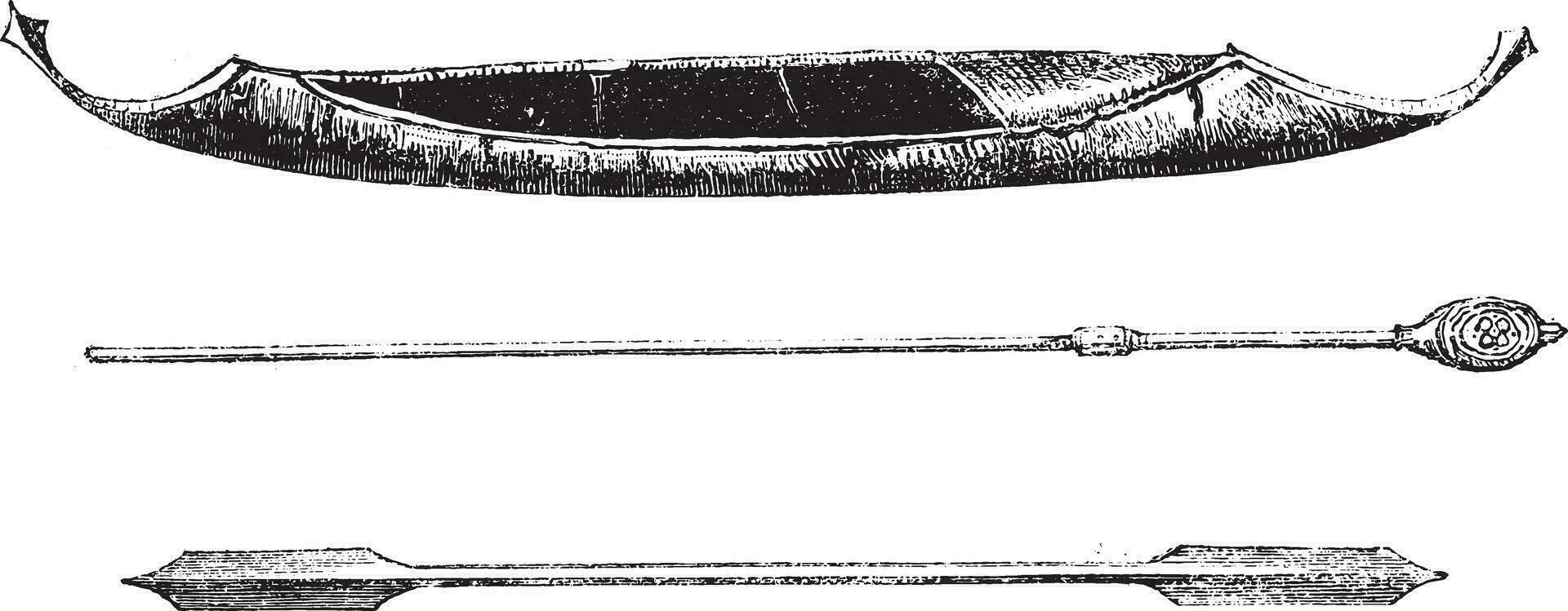 corteccia di betulla canoa tungo di centrale amore, sotto, remi, Vintage ▾ incisione. vettore