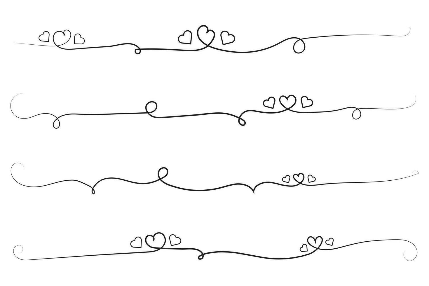 disegnato a mano magro linea cuore turbine ornato, ondulato linea decorativo cuori, calligrafia cuore turbine fiorire ornamento, schema scarabocchio amore San Valentino giorno design elementi, continuo linea turbine cuori vettore