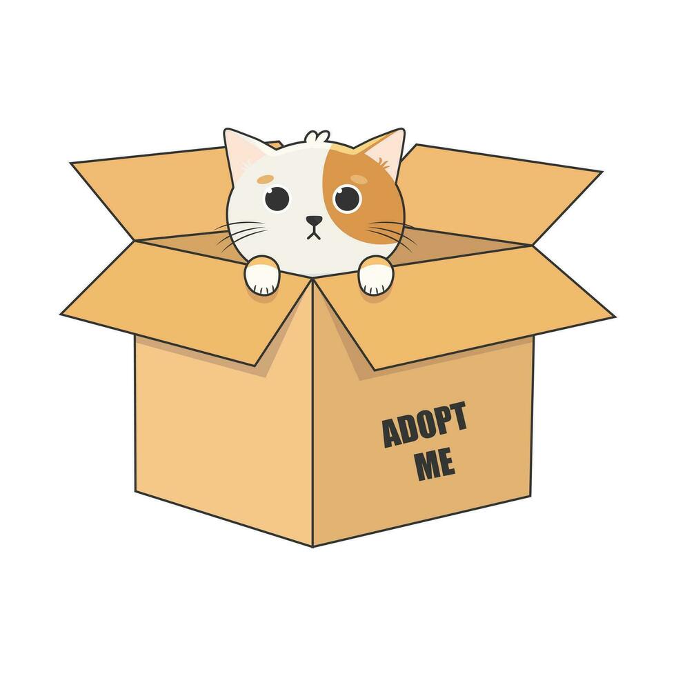 internazionale senza casa animali giorno. carino cartone animato gatto nel un' cartone scatola con il parole adottare me. vettore illustrazione isolato su bianca sfondo.