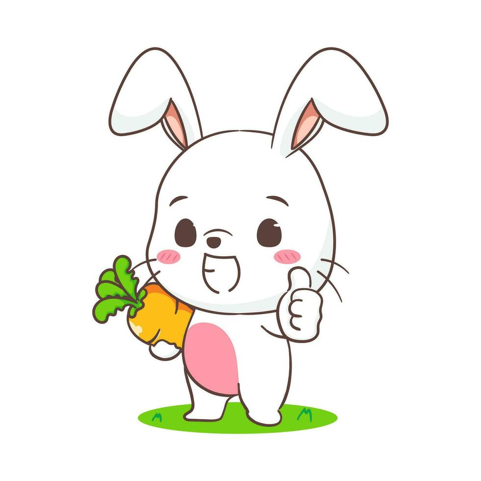 carino coniglio cartone animato Tenere carota e in posa pollice su. adorabile coniglietto carattere. kawaii animale concetto design. isolato bianca sfondo. portafortuna logo icona vettore illustrazione