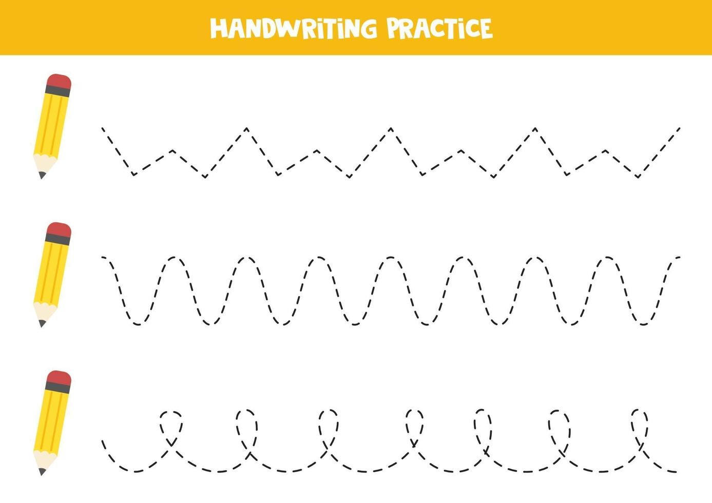 tracciare linee con graziose matite gialle. Pratica di scrittura. vettore