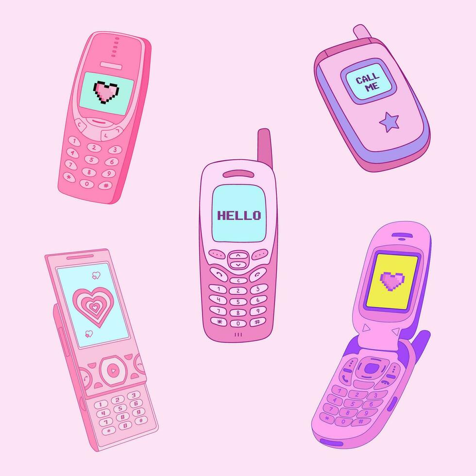 y2k impostato di vecchio mobile telefoni, di moda vettore illustrazione, nostalgia per anni 90 anni 2000, vettore illustrazione