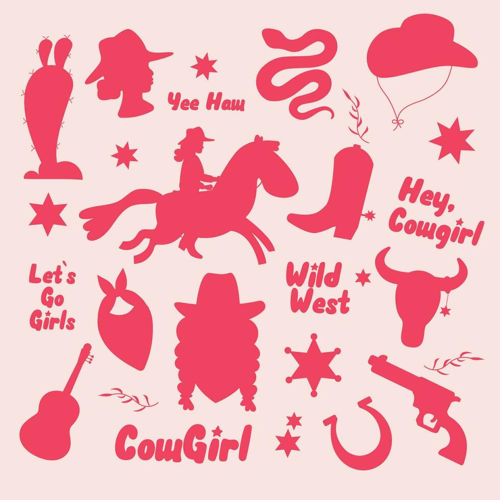 selvaggio ovest cowgirl rosa silhouette impostare. occidentale nel il cowgirl stile vettore