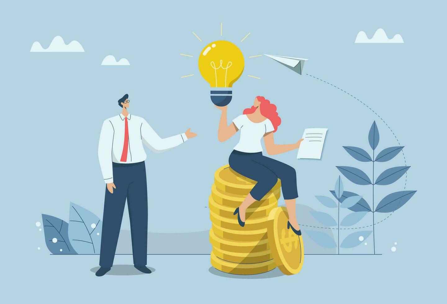 creatività e ispirazione condurre per successo nel opera, idee di innovazione e Come per creare opportunità per aziende per crescere e prosperare, donna d'affari seduta su oro moneta Tenere un' leggero lampadina. vettore