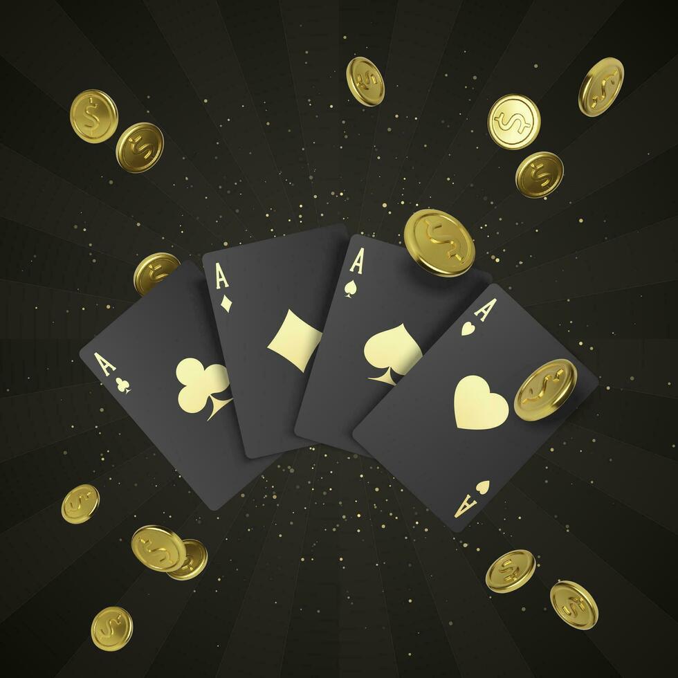 quattro nero poker carte con oro etichetta e caduta d'oro moneta su sfondo. quad o quattro di un' genere di asso. casinò bandiera o manifesto nel reale stile. vettore illustrazione