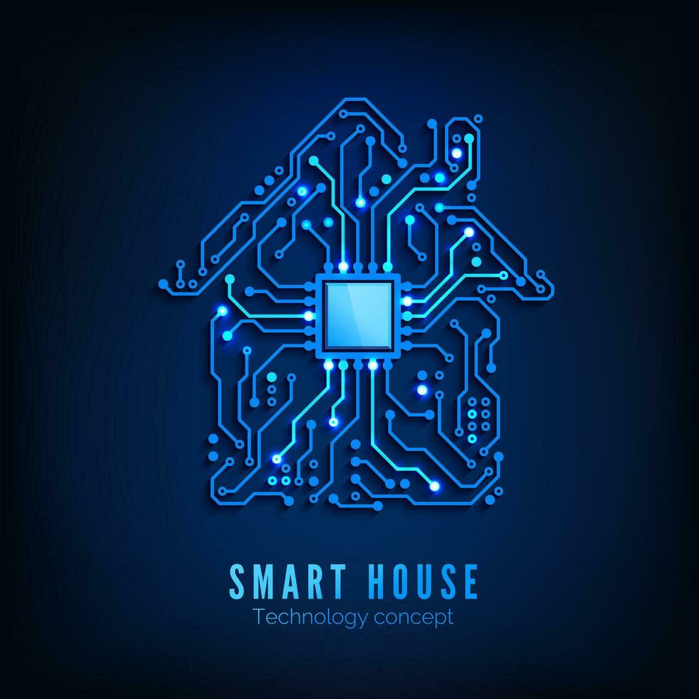 inteligente casa o IoT concetto. futuro e innovazione tecnologia sfondo. blu circuito Casa con processore dentro. vettore illustrazione