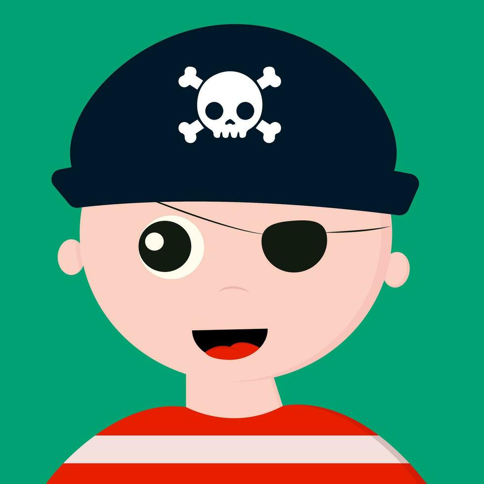 carino viso di un' pirata con un' berretto al di sopra di verde sfondo ridendo vettore o colore illustrazione