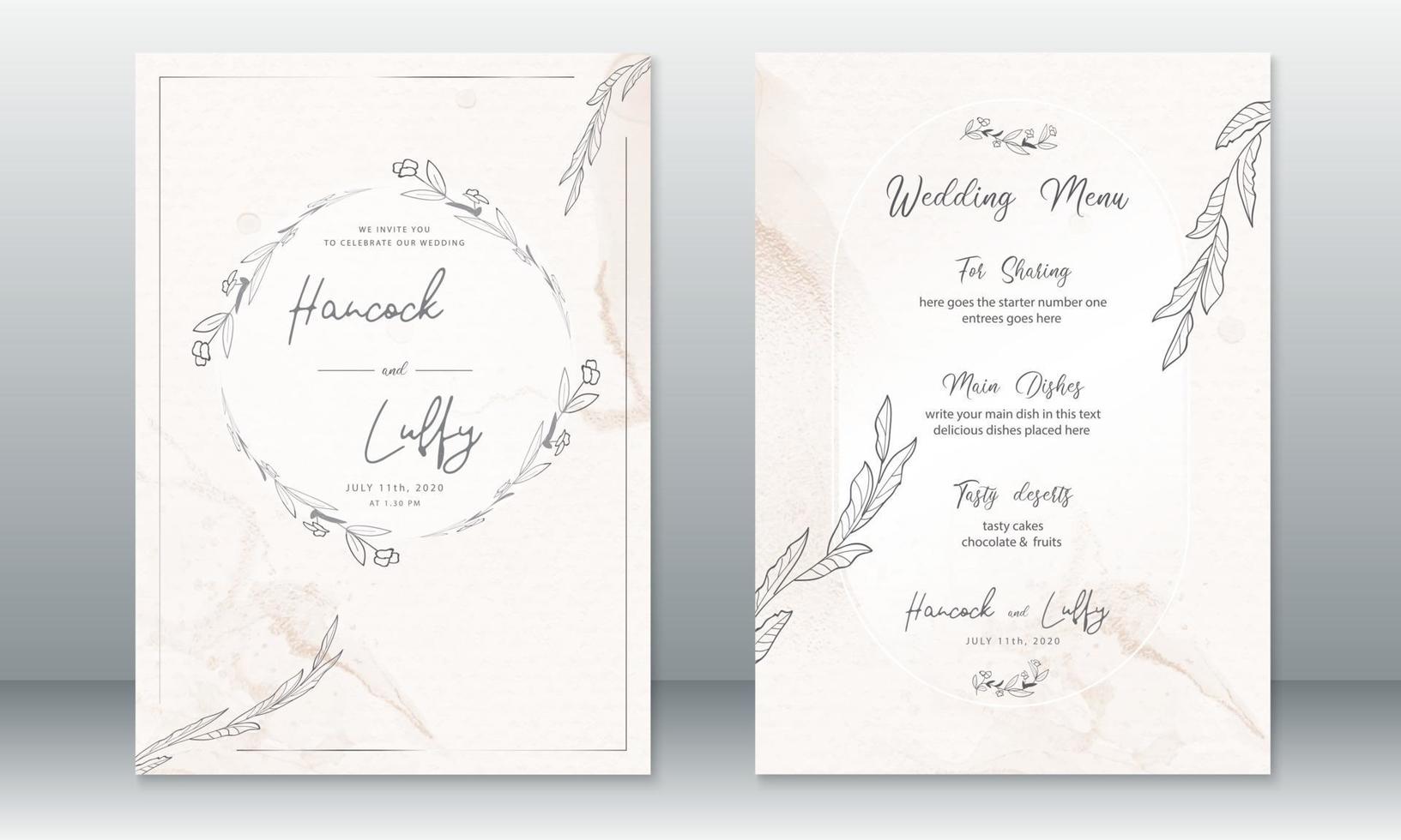 modello di carta di invito a nozze con rami di fiori e foglie vettore