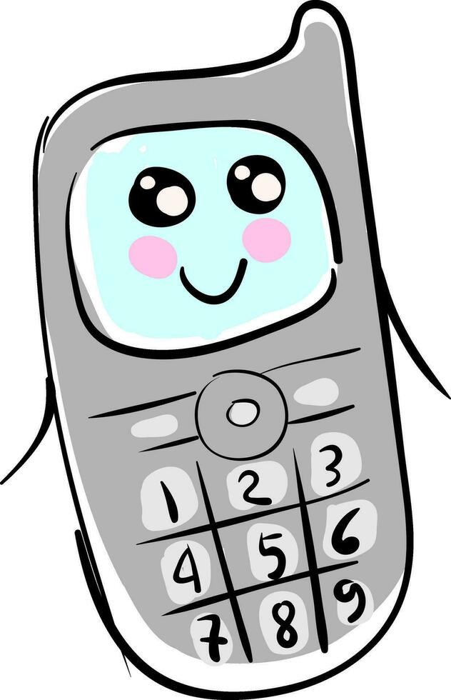 mobile Telefono con viso personaggio e disegnato disegno, illustrazione, vettore su bianca sfondo.