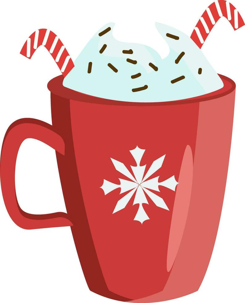 caldo cacao con caramella bastoni servito nel un' bellissimo Natale a tema rosso boccale vettore colore disegno o illustrazione
