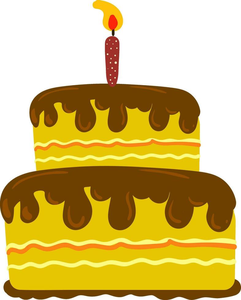 un' bellissimo pittura di a due strati giallo torta con cioccolato condimenti e un' singolo raggiante candela vettore colore disegno o illustrazione