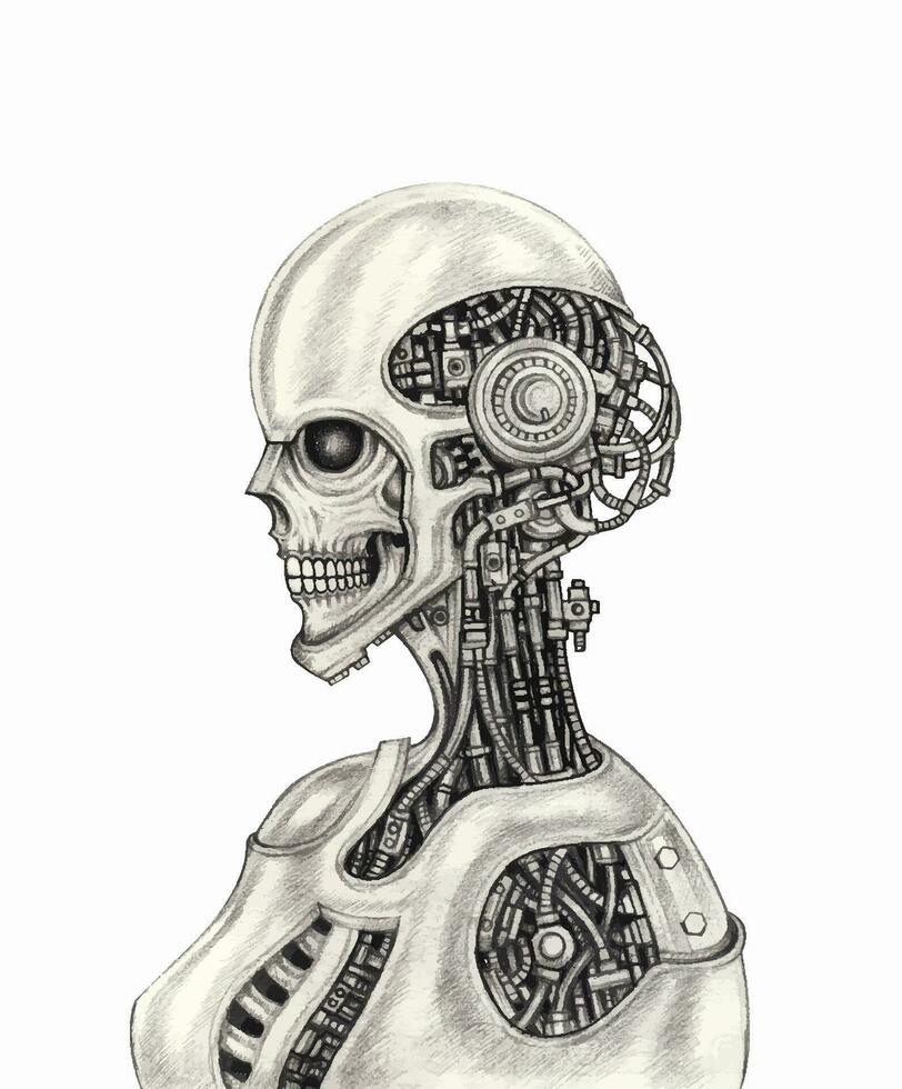 cyberpunk cranio design di mano matita disegno. vettore