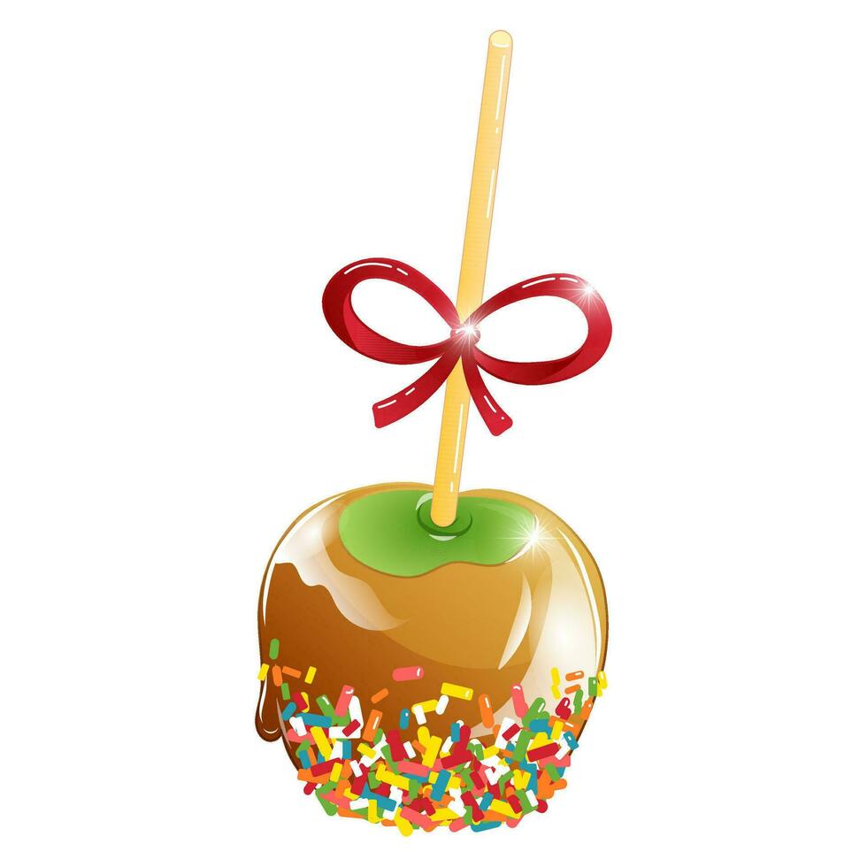 vettore illustrazione di Mela su un' bastone nel caramella mou caramello e dolce spruzzatori nel cartone animato stile