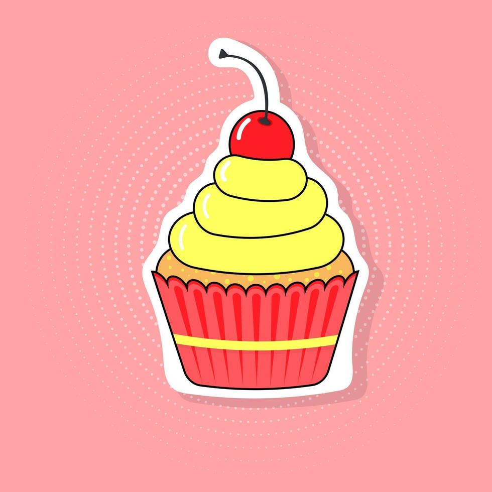 cupcake in stile pop art con una ciliegia sullo sfondo dei mezzitoni. vettore