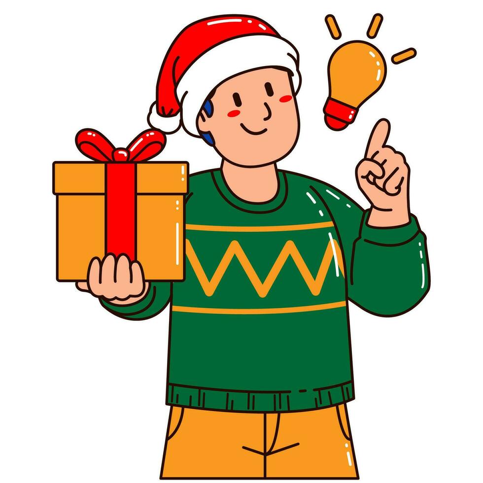 uomo nel un' Santa Claus cappello Tenere un' regalo scatola con lampadina vettore