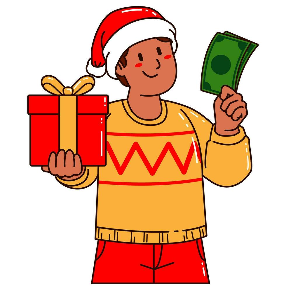ragazzo nel un' Santa Claus cappello Tenere un' regalo scatola e i soldi vettore