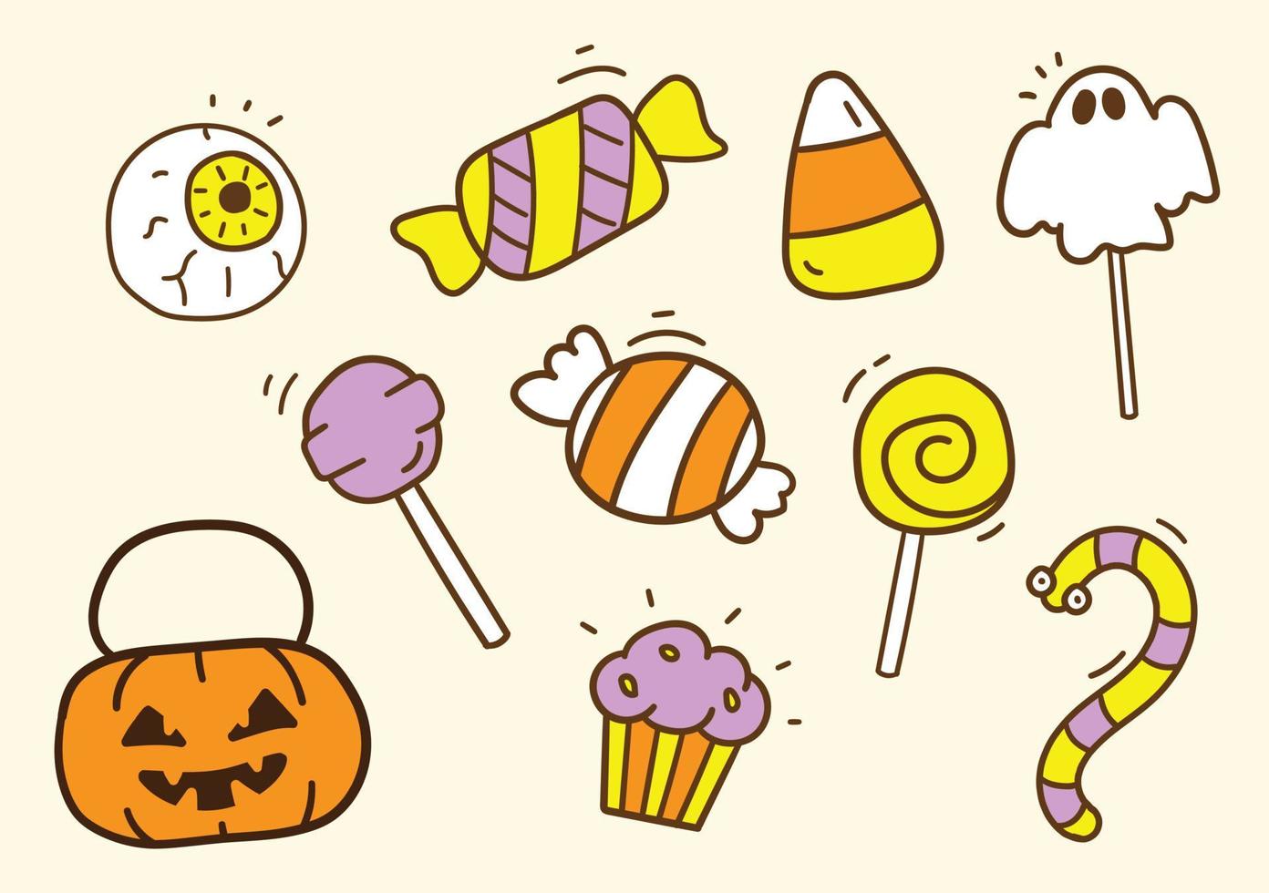 collezione di caramelle disegnate a mano dolcetto o scherzetto di halloween in stile cartone animato carino. vettore