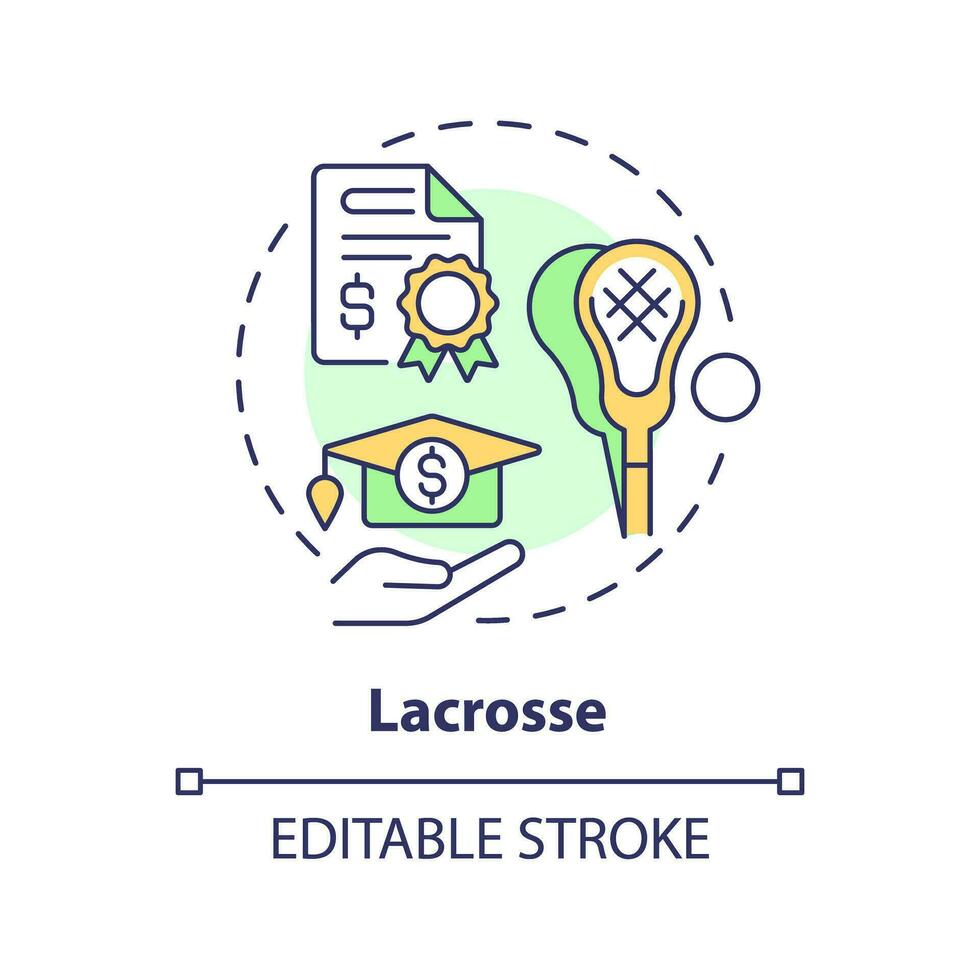 2d modificabile lacrosse magro linea icona concetto, isolato vettore, multicolore illustrazione che rappresentano atletico borsa di studio. vettore