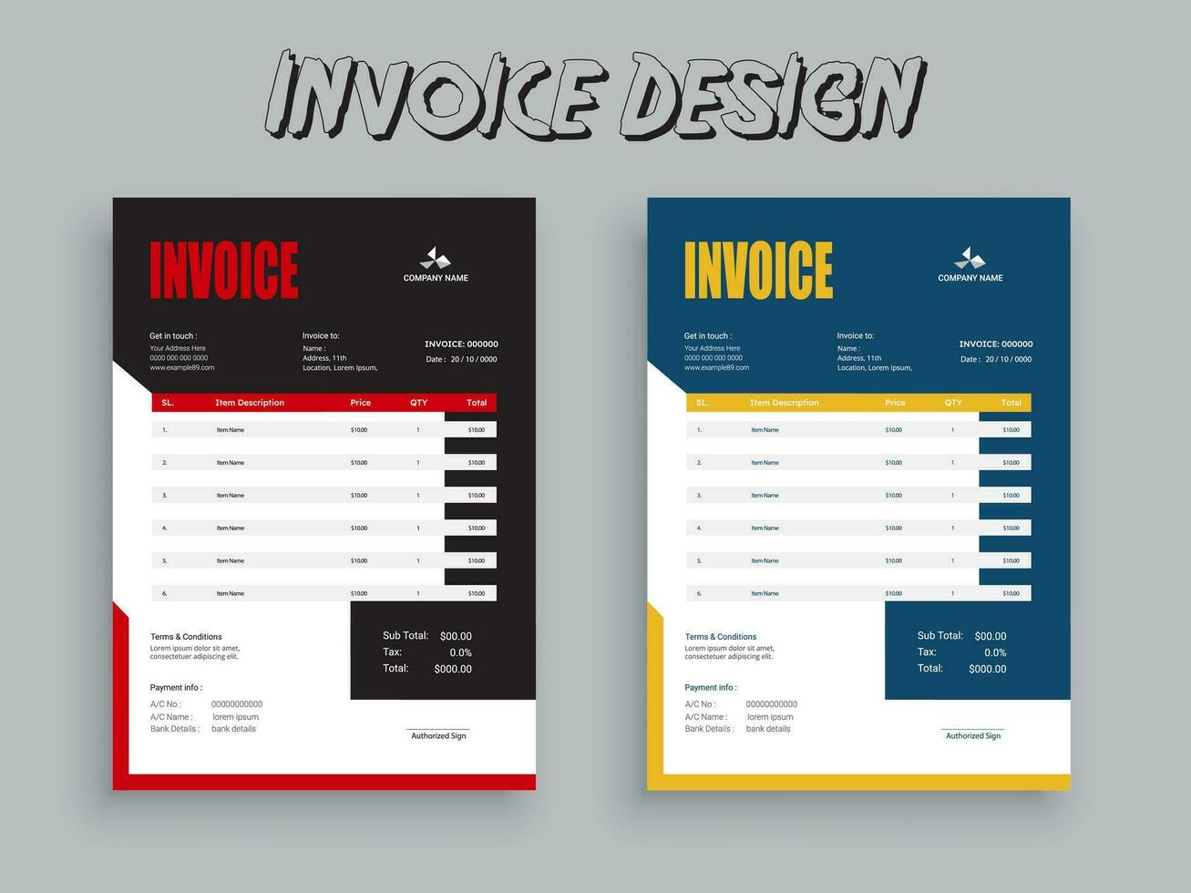 2 colore variazione fattura design. attività commerciale fattura modulo modello. fatturazione citazioni, i soldi fatture o listino prezzi e pagamento accordo design modelli. imposta modulo, conto grafico o pagamento ricevuta. vettore