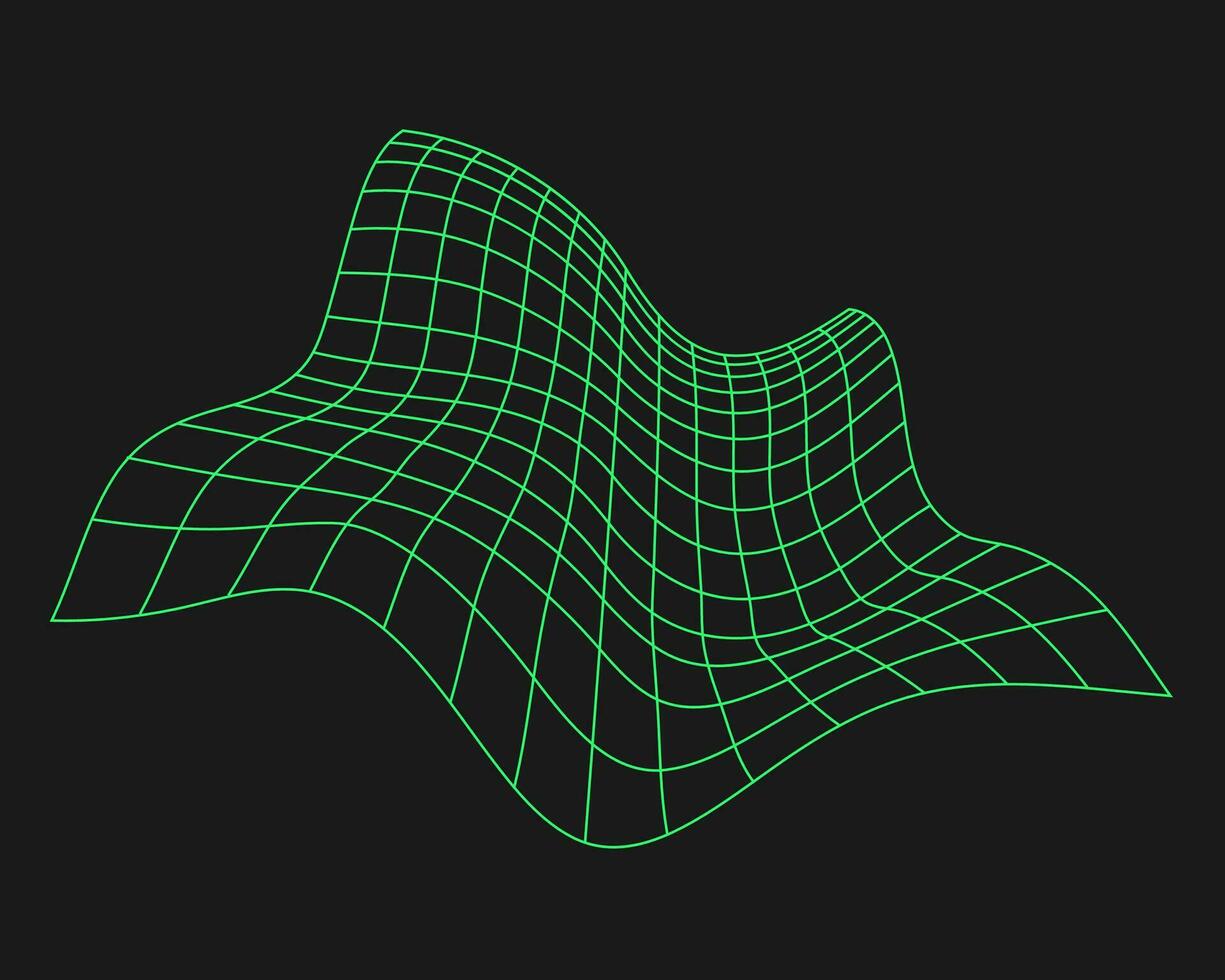distorto informatica griglia. cyberpunk geometria elemento y2k stile. isolato verde maglia su nero sfondo. vettore moda illustrazione.