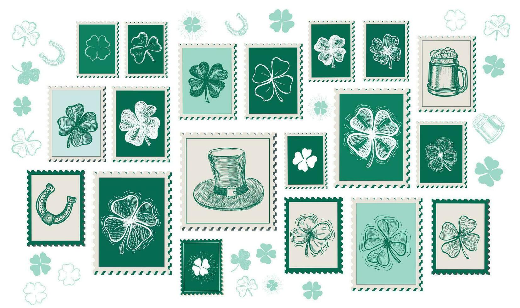 st. Patrick giorno impostare, francobolli, posta, cartolina, mano disegnato illustrazioni vettore