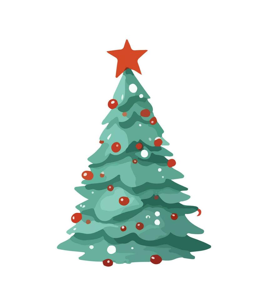 ai generato vettore illustrazione di decorato Natale albero nel neve su bianca sfondo. verde soffice natale pino, isolato su bianca sfondo. carino Natale albero nel cartone animato acquerello stile.