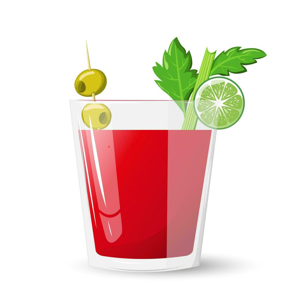 bicchiere di sanguinoso Maria cocktail con sedano, olive e lime isolato su bianca. nel cartone animato stile. per menù, cocktail carte.vettore illustrazione vettore