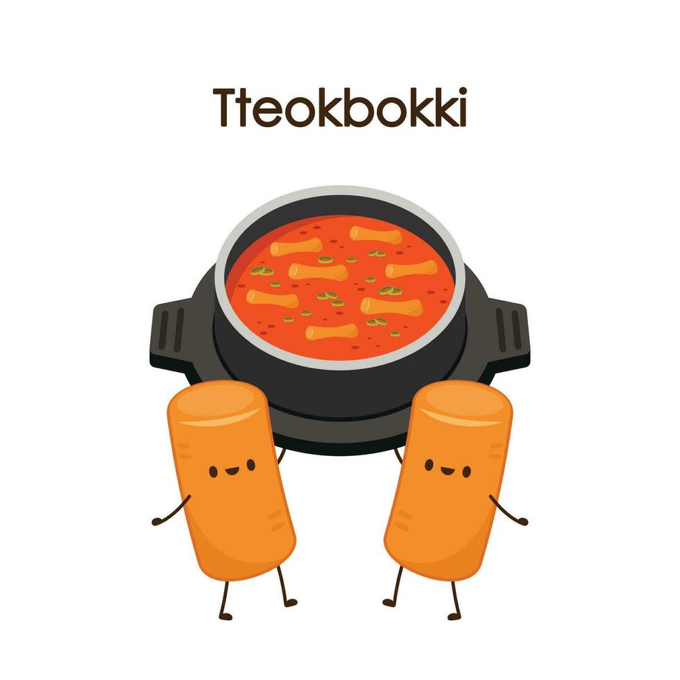 carino tteokbokki spaghetto cartone animato. coreano strada cibo. semplice vettore logo salsiccia. tteokbokki è coreano cibo.