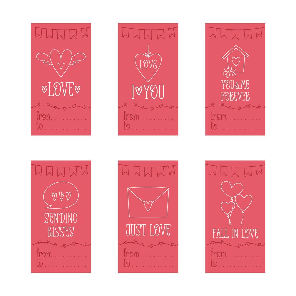 san valentino giorno stampabile regalo tag modello nel scarabocchio stile, disegnato a mano amore tema icone e citazioni. romantico umore, carino simboli e elementi collezione. vettore