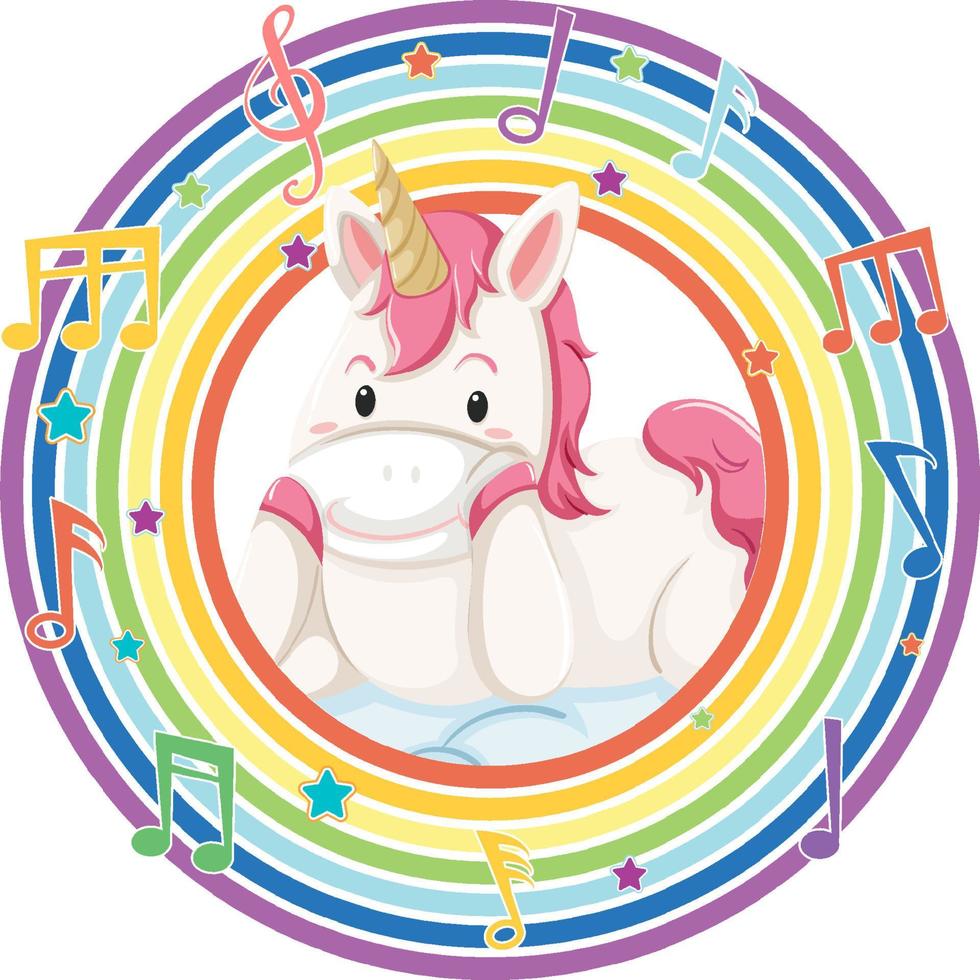 unicorno in cornice rotonda arcobaleno con simbolo melodia vettore