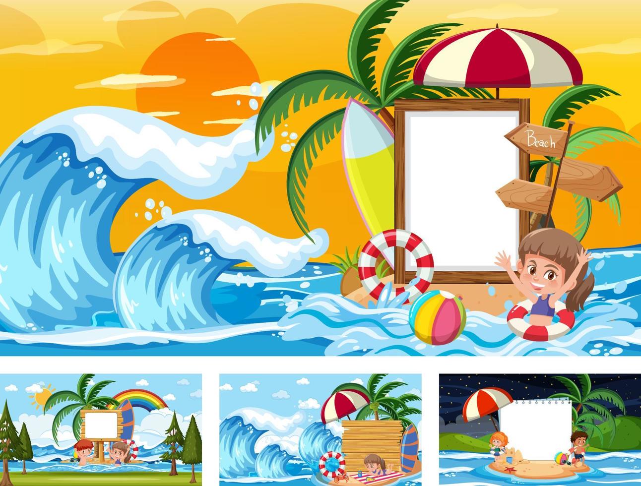 set di banner bianco in diverse scene di spiaggia tropicale vettore