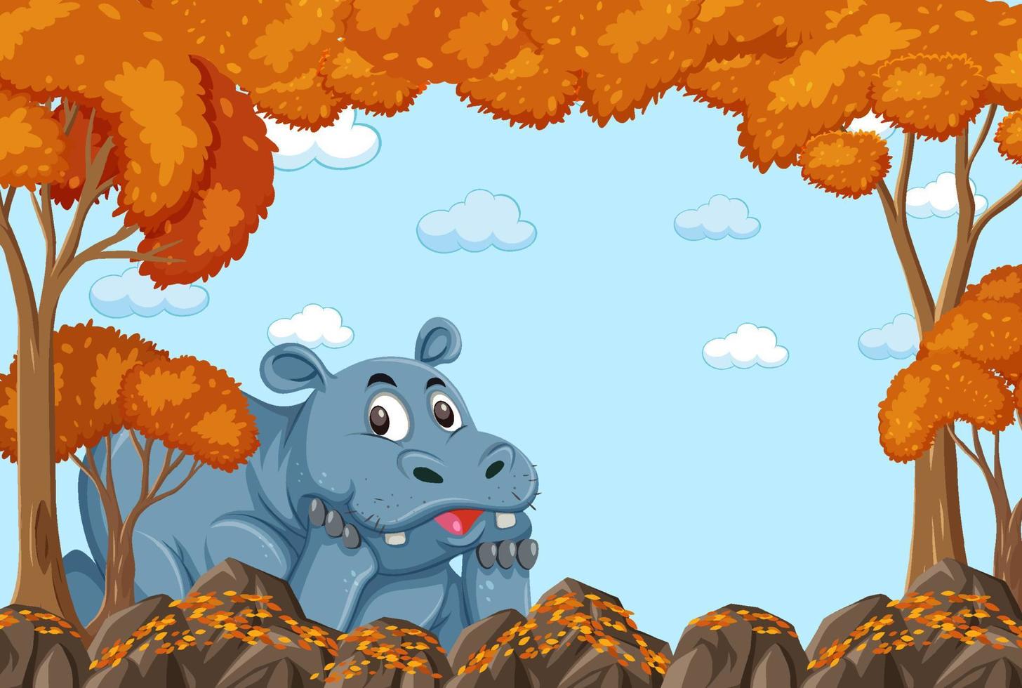 personaggio dei cartoni animati di ippopotamo nella scena della foresta autunnale vuota vettore