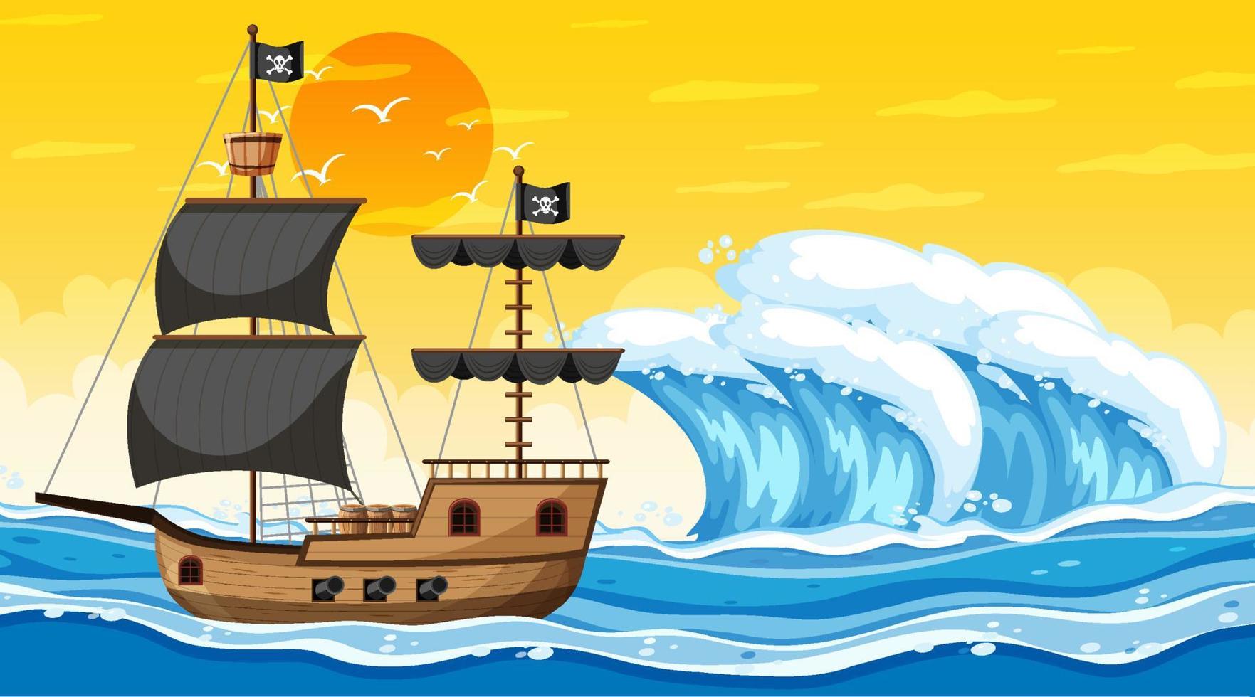oceano con nave pirata alla scena del tramonto in stile cartone animato vettore