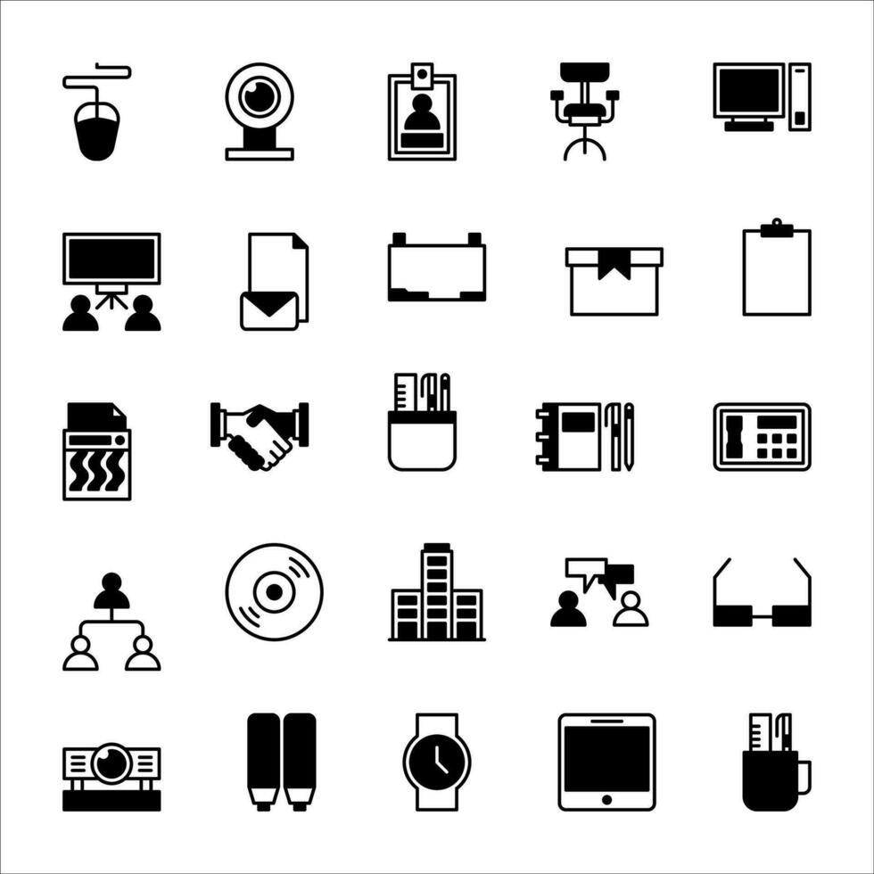 ufficio icona impostare. pieno nero icona stile collezione. contenente ufficio icone. vettore