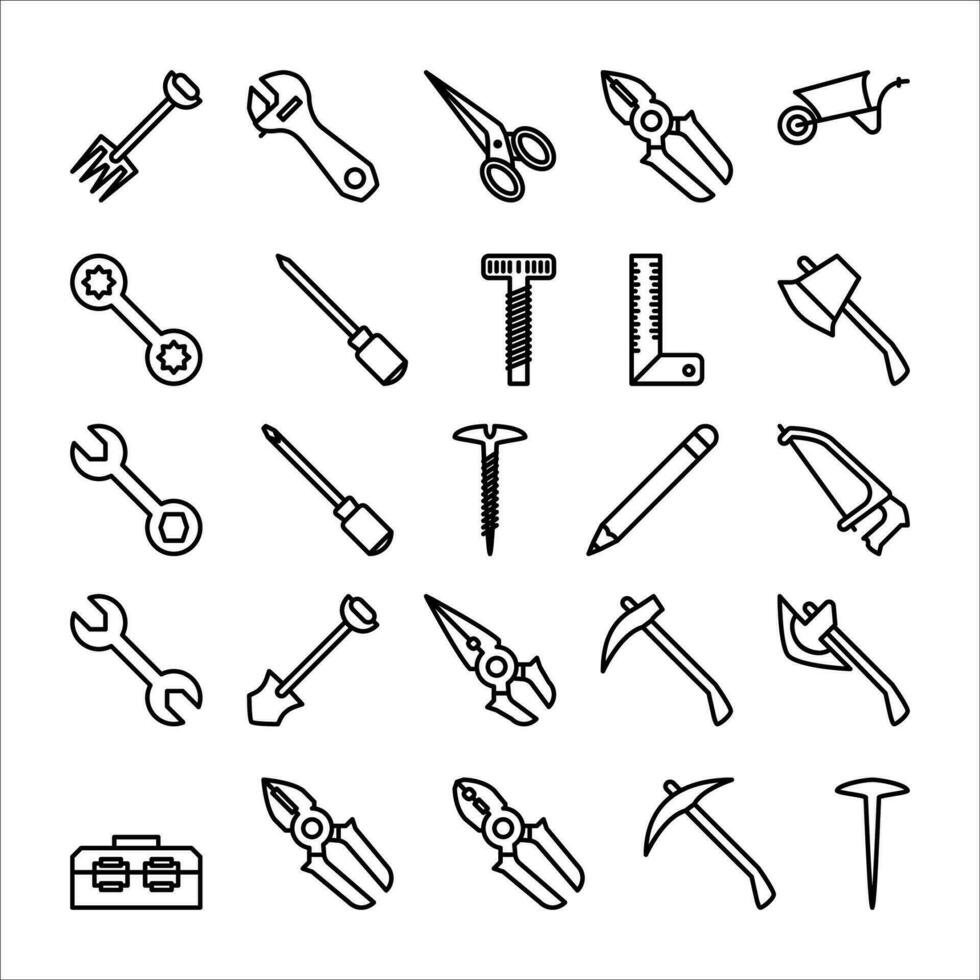 costruzione attrezzo icona impostare. linea icona collezione. contenente ascia, trapano e martello icone. vettore