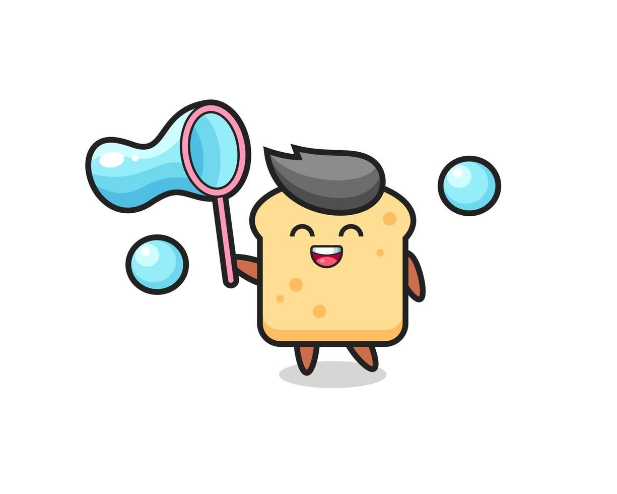 cartone animato di pane felice che gioca a bolle di sapone vettore