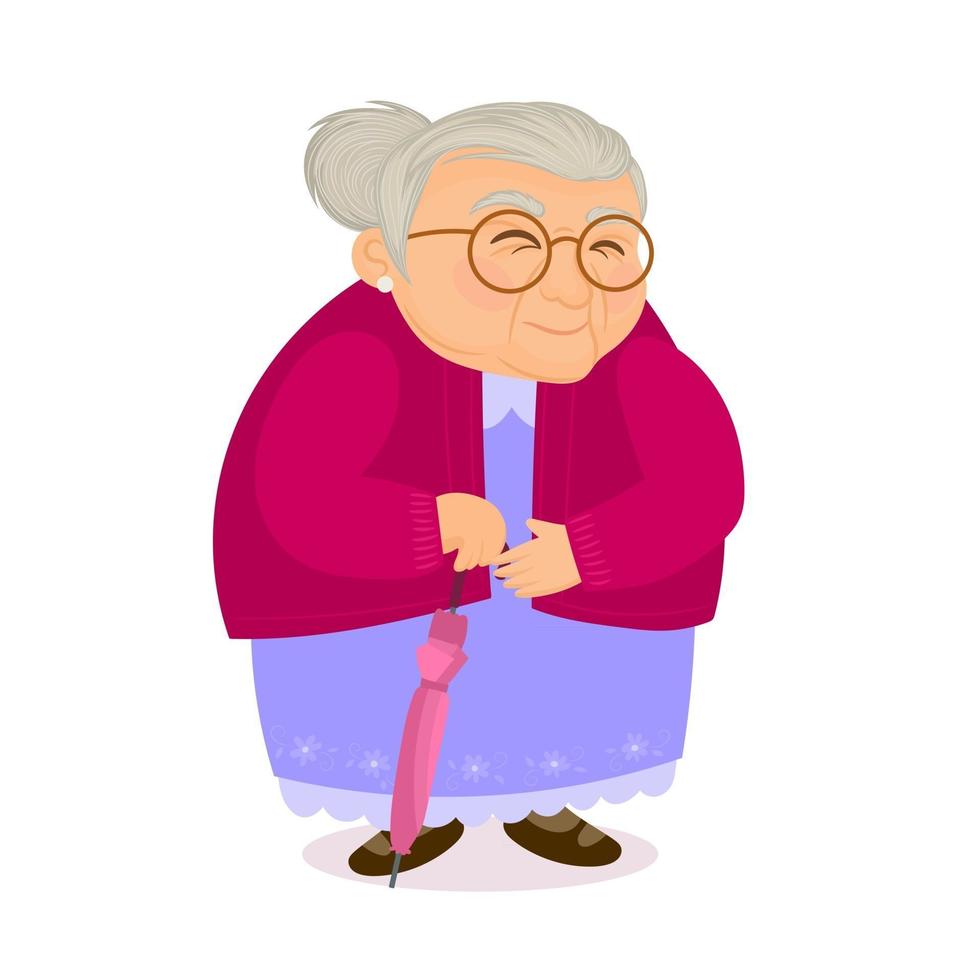 donna anziana che cammina con ombrello, occhiali e maglione vettore