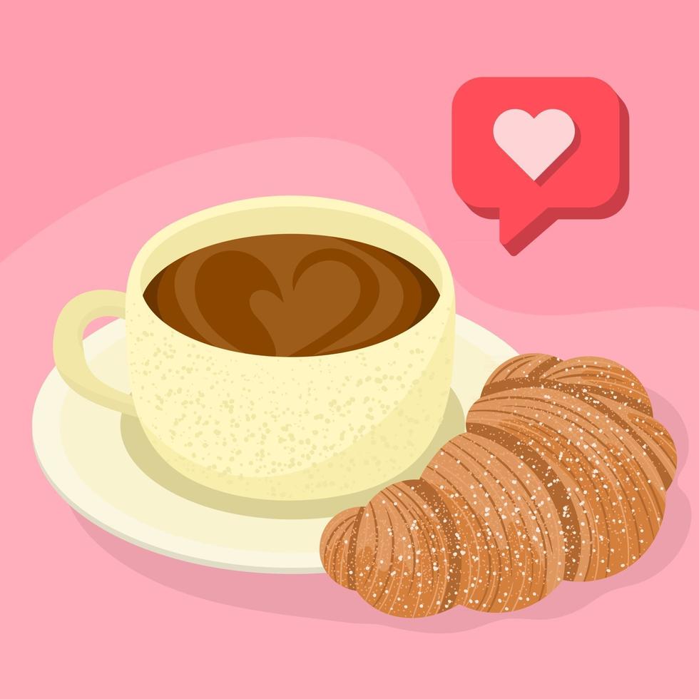 tazza di caffè e croissant con sfondo rosa e like vettore