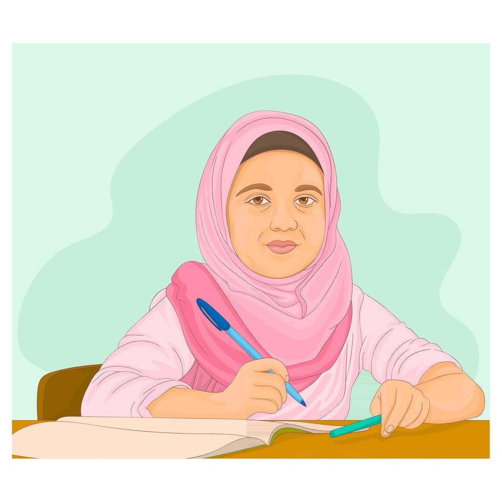 piccola studentessa che indossa l'hijab per donna musulmana vettore