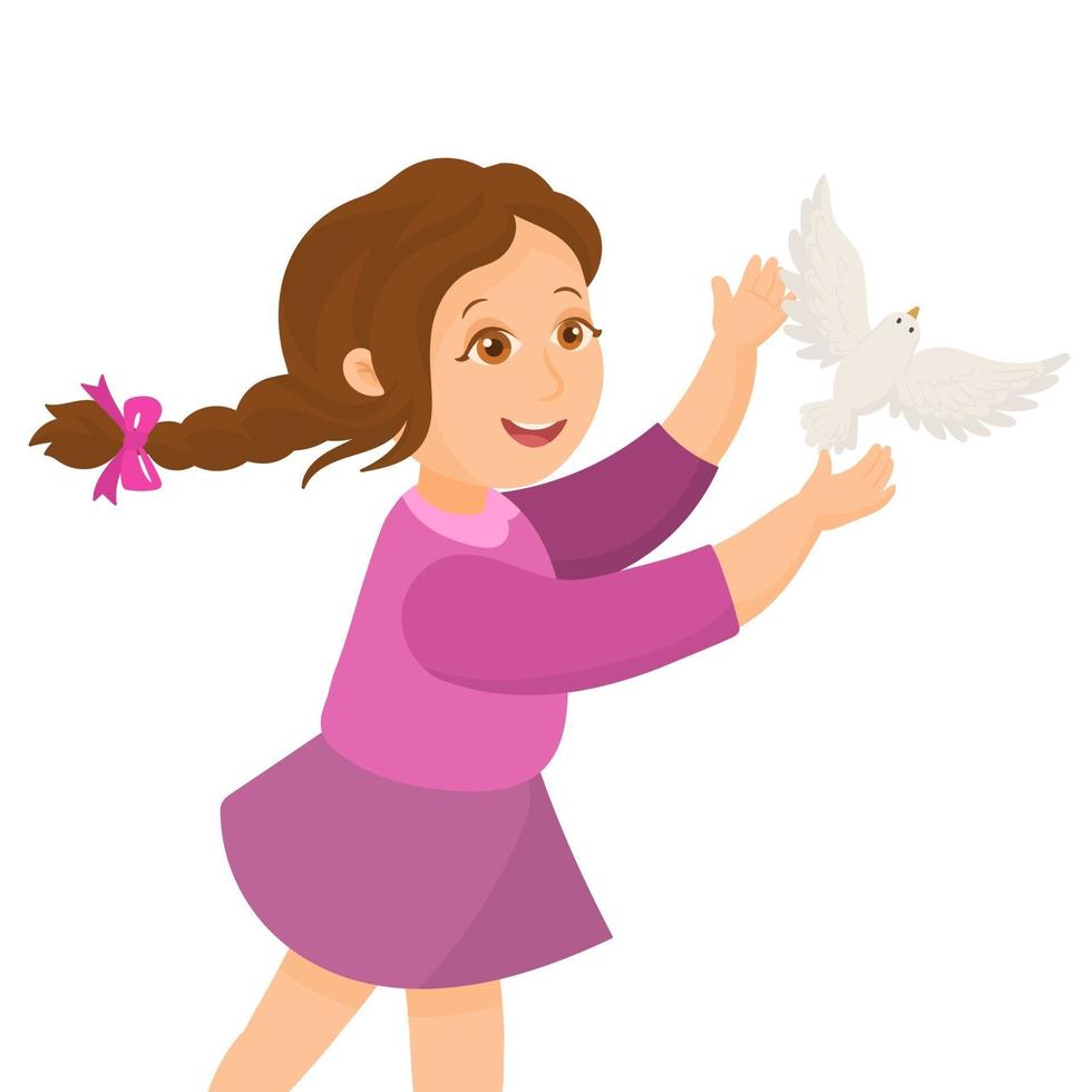 bambina che libera una colomba bianca della pace vettore