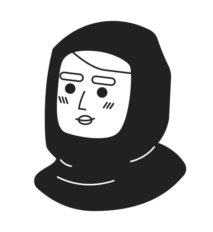 nero foulard indiano donna nero e bianca 2d vettore avatar illustrazione. Sud asiatico femmina con islamico velo schema cartone animato personaggio viso isolato. brunetta piatto utente profilo Immagine, ritratto