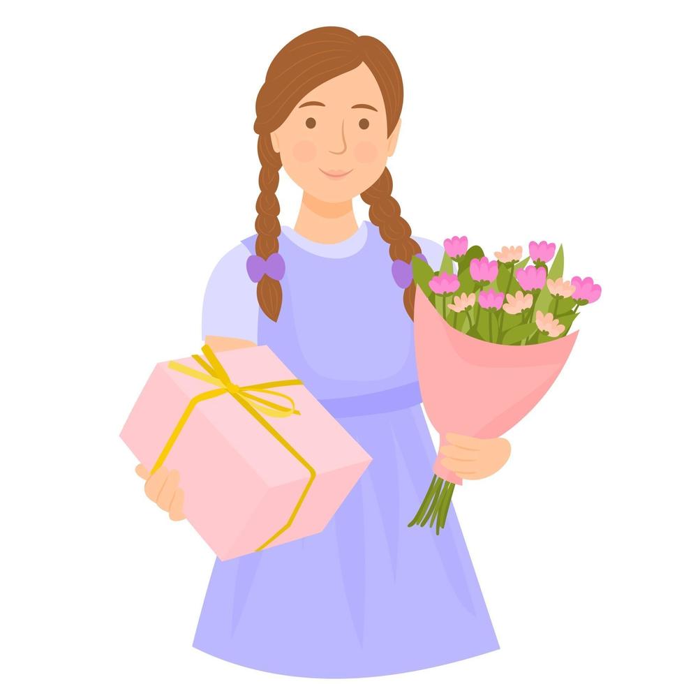 ragazza con scatola regalo e fiori per sua mamma vettore