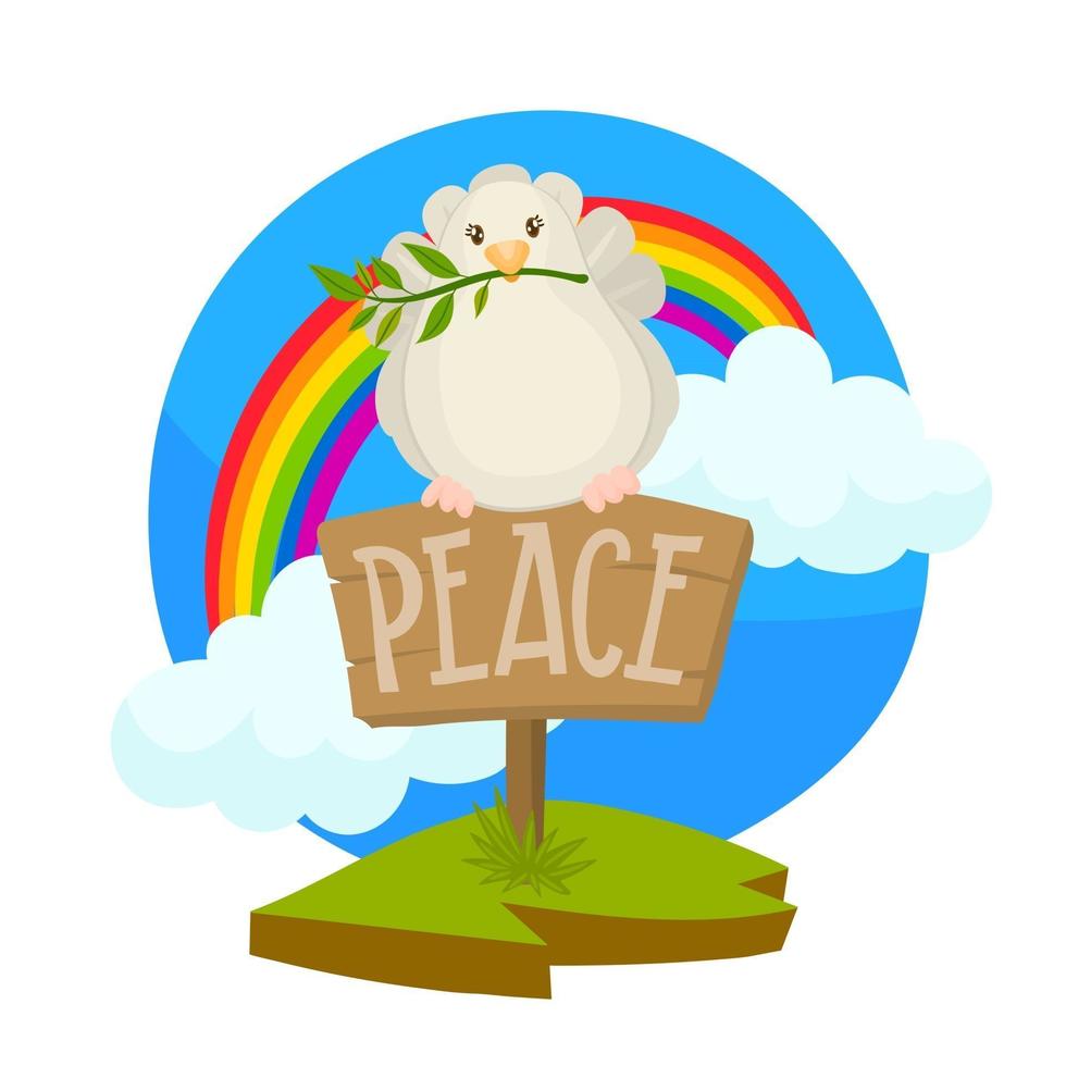 colomba della pace seduta su poster con cielo azzurro e arcobaleno sullo sfondo vettore