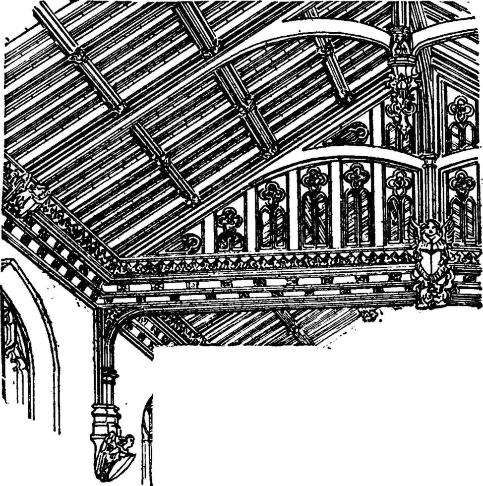 tetto di navata, st. quello di Maria, Westonzoyland, Vintage ▾ incisione. vettore