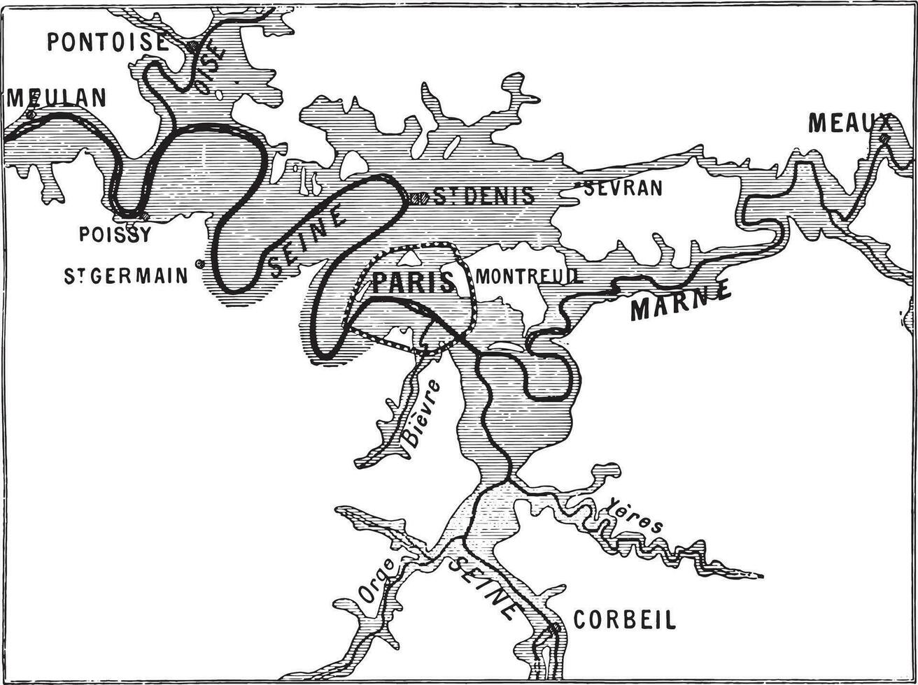 carta geografica di grande fiumi nel Parigi, Vintage ▾ incisione. vettore