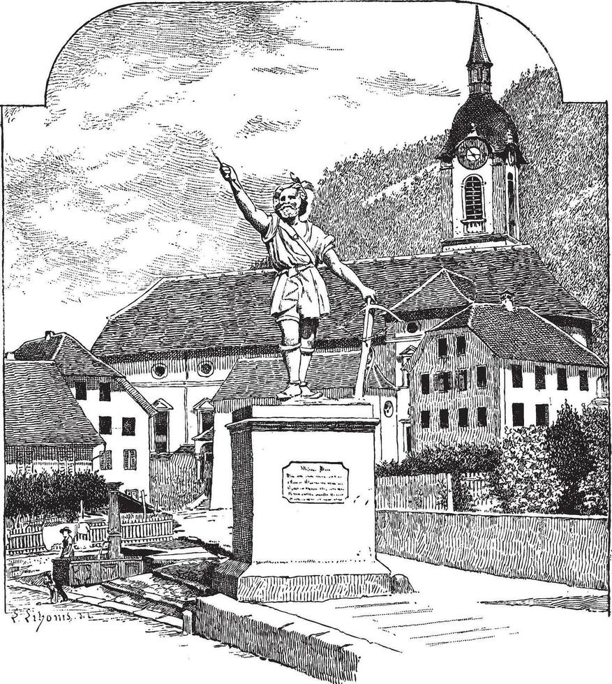 statua di William raccontare nel Altdorf, uri, Vintage ▾ incisione. vettore