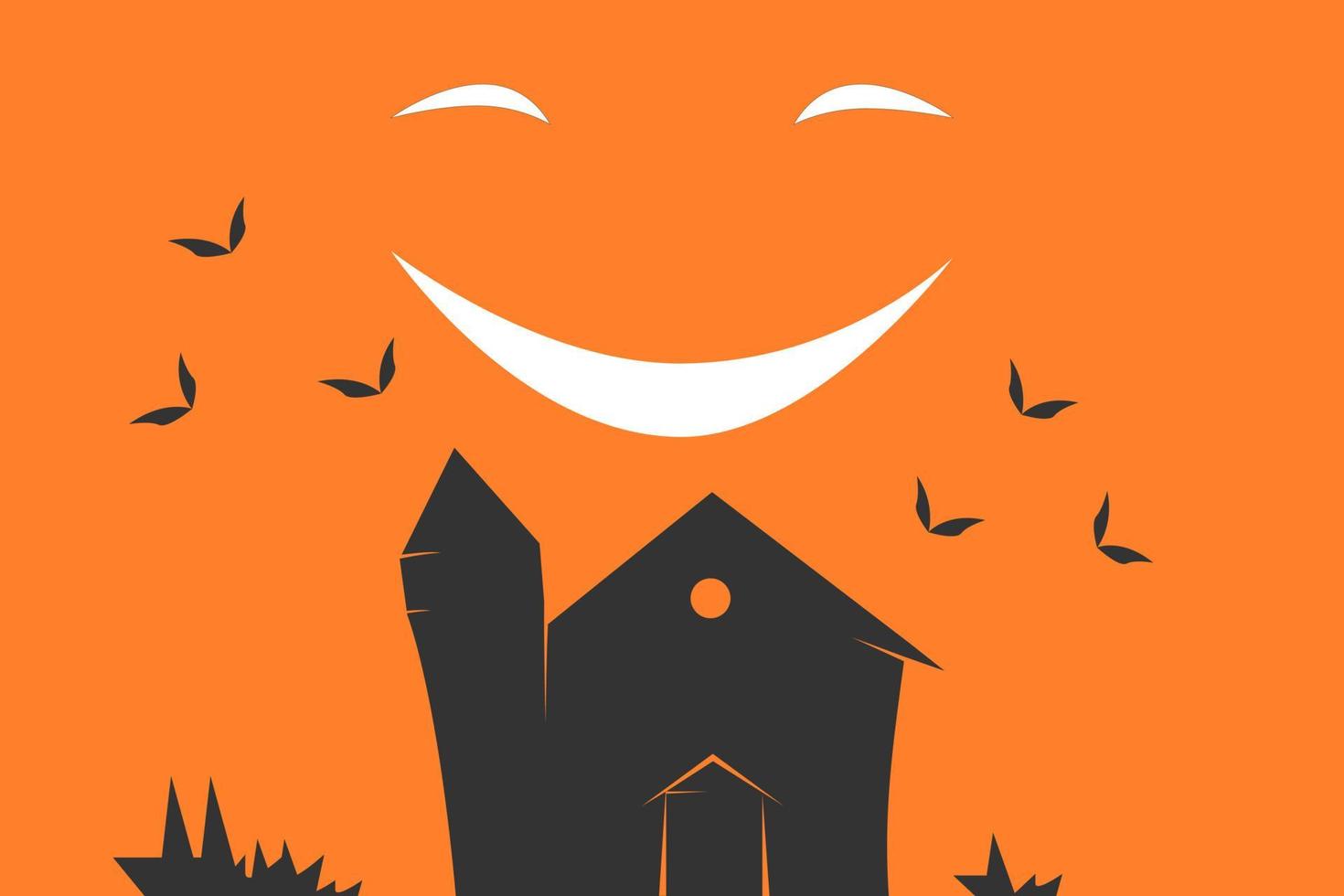 halloween casa nera e sorriso illustrazione piatta su sfondo arancione vettore