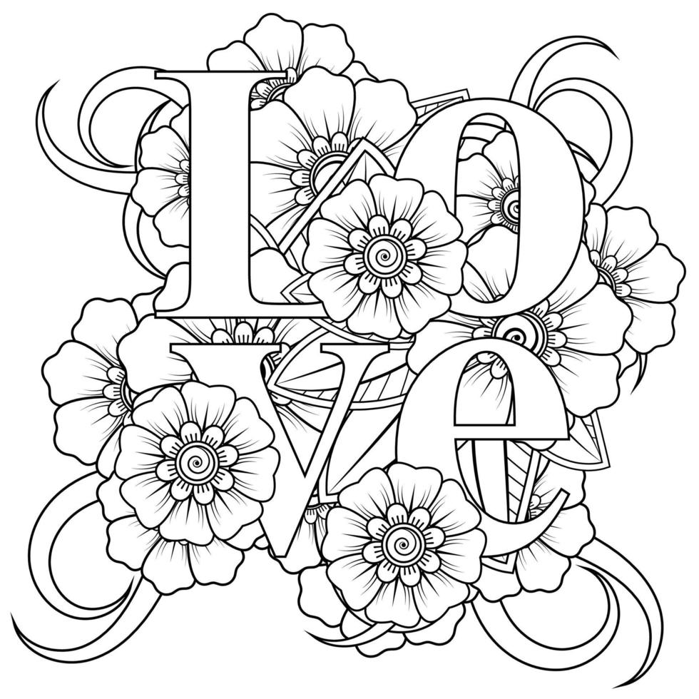 parole d'amore con fiori mehndi per la pagina del libro da colorare doodle ornamento vettore